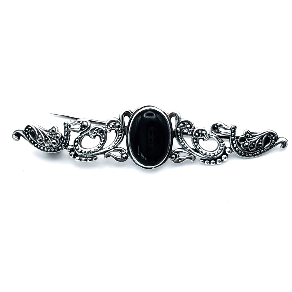 Vintage 925 Sterling Silver Black Onyx Filigree Bar Brooch Pin Marcasite Style
